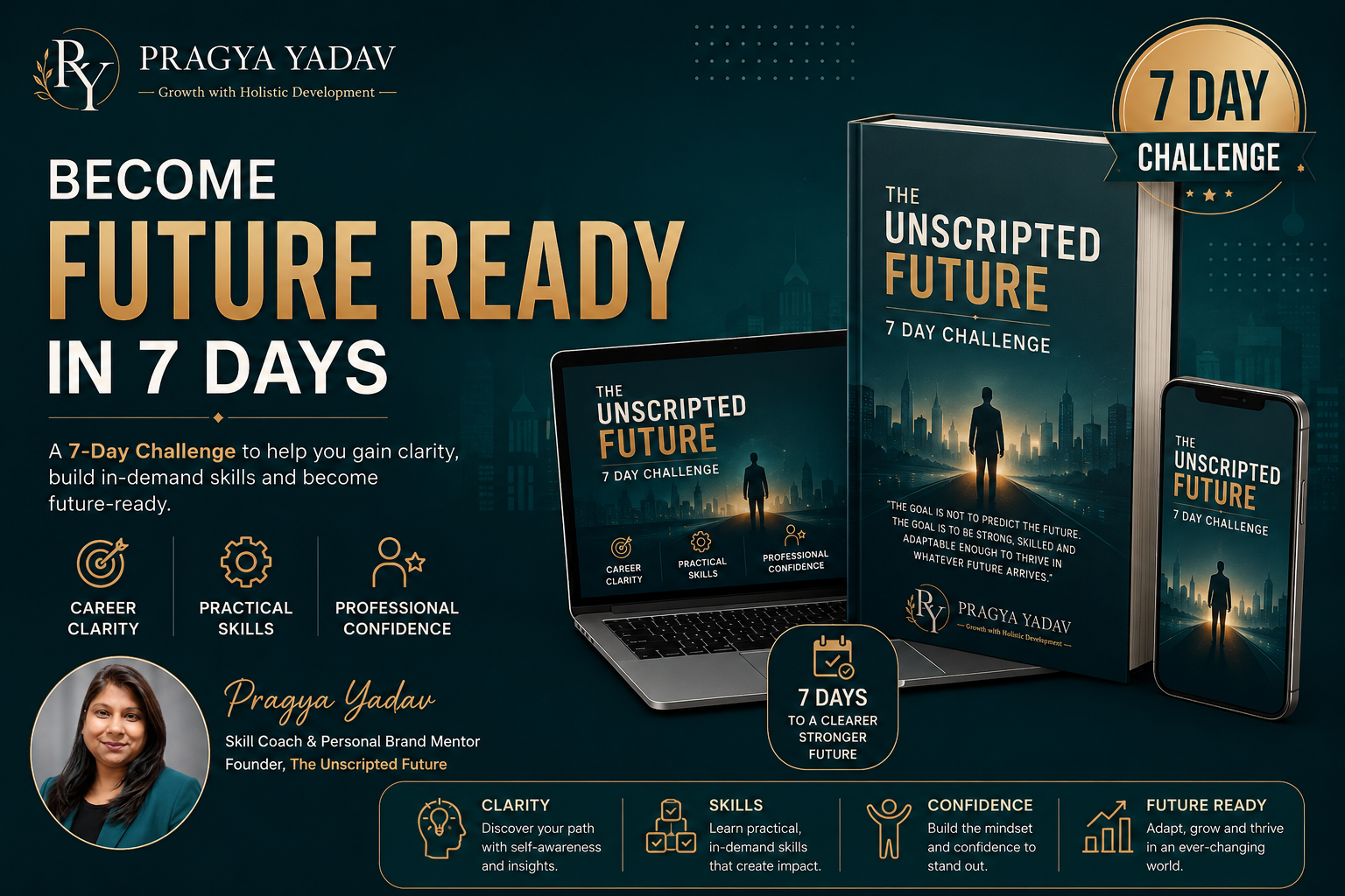 Future Ready Circle 7-day challenge shown on a book, laptop, and phone